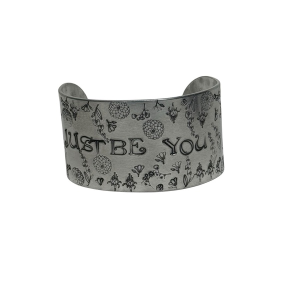 Handmade stamped Motivational “Just be You” floral adjustable wide Cuff Bracelet - Picture 7 of 7